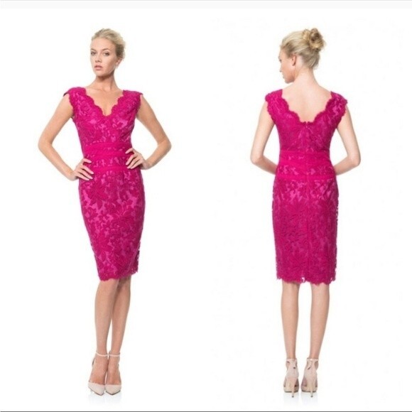 Tadashi Shoji Pink Lace Overlay Sleeveless Dress Ribbon Waist Fit & Flare S 16 - Picture 11 of 11